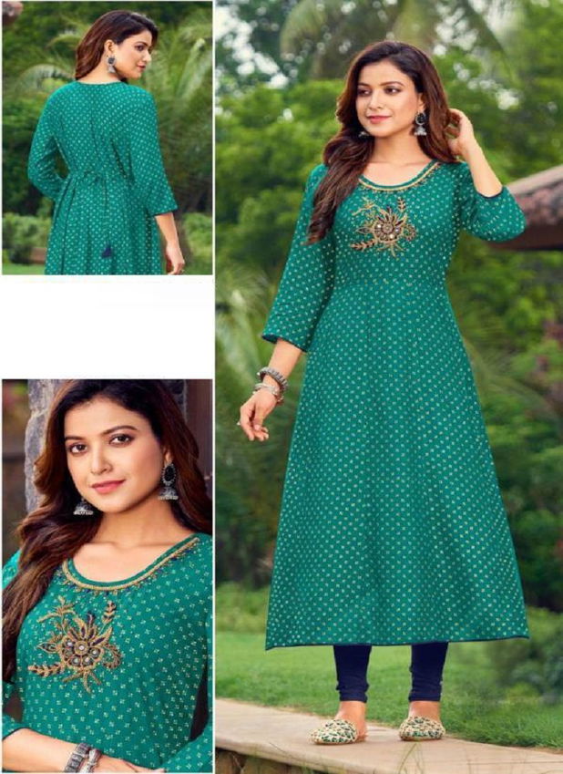 Starlink Saffron Rayon Fancy Ethnic Wear Foli Printed Kurti Collection